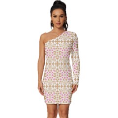 A Pink And White Flower Pattern On A Brown Background Long Sleeve One Shoulder Mini Dress