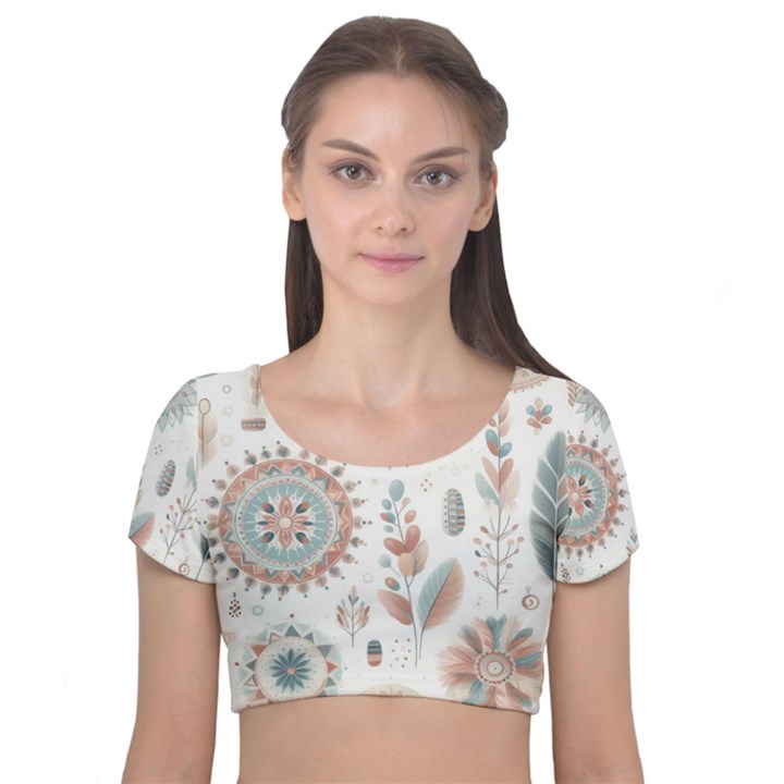 Pastel-boho-pattern Velvet Short Sleeve Crop Top 