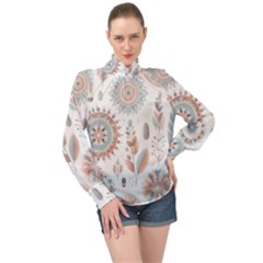 Pastel-boho-pattern High Neck Long Sleeve Chiffon Top