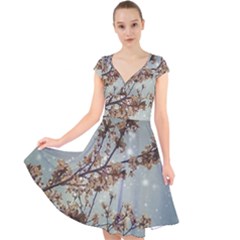 Dreamy Nature Motif Cap Sleeve Front Wrap Midi Dress