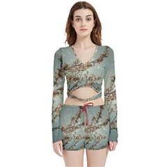 Dreamy Nature Motif Velvet Wrap Crop Top And Shorts Set