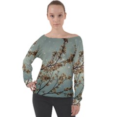 Dreamy Nature Motif Off Shoulder Long Sleeve Velour Top