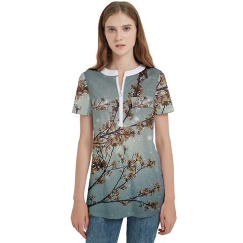 Dreamy Nature Motif Women s Zip Front V-neck Short Sleeve Casual Top Pocket Shirt by dflcprintsclothing