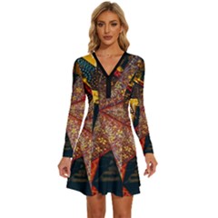 Star Lantern Lighting Long Sleeve Deep V Mini Dress 