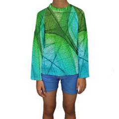 3d Leaves Texture Sheet Blue Green Kids  Long Sleeve Swimwear