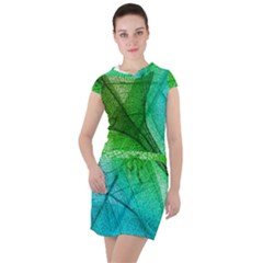 3d Leaves Texture Sheet Blue Green Drawstring Hooded Dress