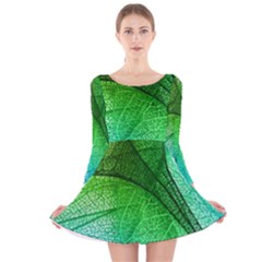 3d Leaves Texture Sheet Blue Green Long Sleeve Velvet Skater Dress