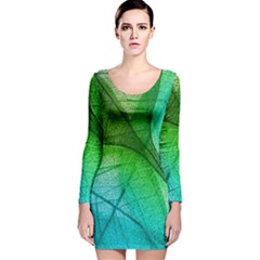 3d Leaves Texture Sheet Blue Green Long Sleeve Velvet Bodycon Dress