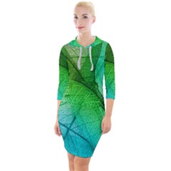 3d Leaves Texture Sheet Blue Green Quarter Sleeve Hood Bodycon Dress