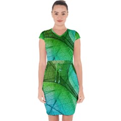 3d Leaves Texture Sheet Blue Green Capsleeve Drawstring Dress 