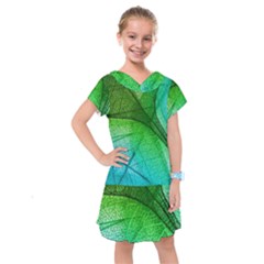 3d Leaves Texture Sheet Blue Green Kids  Drop Waist Dress