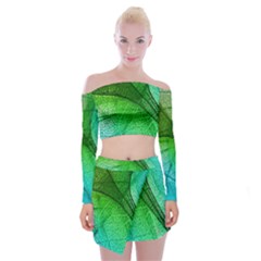 3d Leaves Texture Sheet Blue Green Off Shoulder Top With Mini Skirt Set