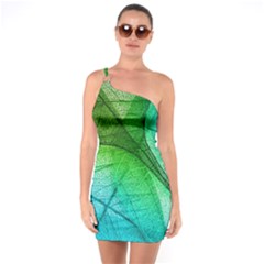 3d Leaves Texture Sheet Blue Green One Shoulder Ring Trim Bodycon Dress