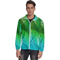 3d Leaves Texture Sheet Blue Green Men s High Neck Windbreaker