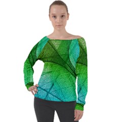 3d Leaves Texture Sheet Blue Green Off Shoulder Long Sleeve Velour Top by Cemarart