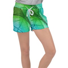 3d Leaves Texture Sheet Blue Green Women s Velour Lounge Shorts