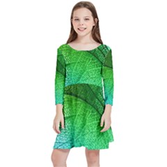 3d Leaves Texture Sheet Blue Green Kids  Quarter Sleeve Skater Dress by Cemarart