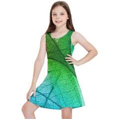 3d Leaves Texture Sheet Blue Green Kids  Lightweight Sleeveless Dress