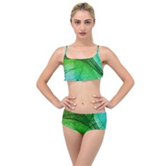 3d Leaves Texture Sheet Blue Green Layered Top Bikini Set