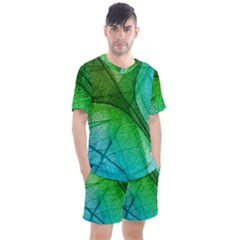 3d Leaves Texture Sheet Blue Green Men s Mesh T-shirt And Shorts Set