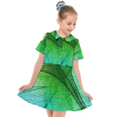 3d Leaves Texture Sheet Blue Green Kids  Short Sleeve Shirt Dress