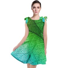 3d Leaves Texture Sheet Blue Green Tie Up Tunic Dress