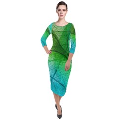 3d Leaves Texture Sheet Blue Green Quarter Sleeve Midi Velour Bodycon Dress