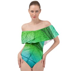 3d Leaves Texture Sheet Blue Green Off Shoulder Velour Bodysuit 