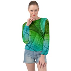 3d Leaves Texture Sheet Blue Green Banded Bottom Chiffon Top