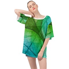 3d Leaves Texture Sheet Blue Green Oversized Chiffon Top