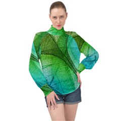 3d Leaves Texture Sheet Blue Green High Neck Long Sleeve Chiffon Top