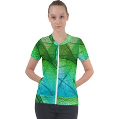 3d Leaves Texture Sheet Blue Green Short Sleeve Zip Up Jacket