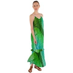 3d Leaves Texture Sheet Blue Green Cami Maxi Ruffle Chiffon Dress