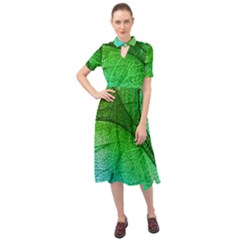 3d Leaves Texture Sheet Blue Green Keyhole Neckline Chiffon Dress