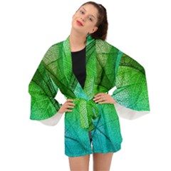 3d Leaves Texture Sheet Blue Green Long Sleeve Kimono