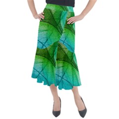 3d Leaves Texture Sheet Blue Green Midi Mermaid Skirt