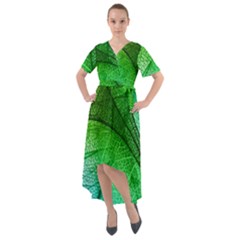 3d Leaves Texture Sheet Blue Green Front Wrap High Low Dress