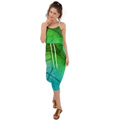 3d Leaves Texture Sheet Blue Green Waist Tie Cover Up Chiffon Dress