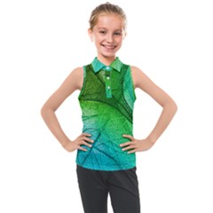 3d Leaves Texture Sheet Blue Green Kids  Sleeveless Polo T-shirt