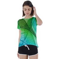 3d Leaves Texture Sheet Blue Green Short Sleeve Open Back T-shirt