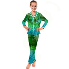 3d Leaves Texture Sheet Blue Green Kids  Satin Long Sleeve Pajamas Set