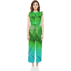 3d Leaves Texture Sheet Blue Green Women s Frill Top Chiffon Jumpsuit by Cemarart