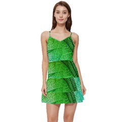 3d Leaves Texture Sheet Blue Green Short Frill Dress