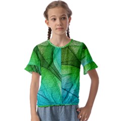 3d Leaves Texture Sheet Blue Green Kids  Cuff Sleeve Scrunch Bottom T-shirt