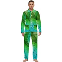 3d Leaves Texture Sheet Blue Green Men s Long Sleeve Velvet Pocket Pajamas Set