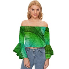 3d Leaves Texture Sheet Blue Green Off Shoulder Flutter Bell Sleeve Top