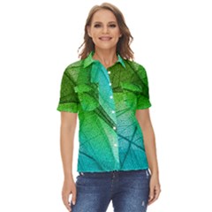 3d Leaves Texture Sheet Blue Green Women s Short Sleeve Double Pocket Shirt