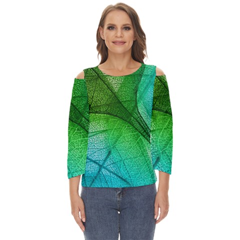 3d Leaves Texture Sheet Blue Green Cut Out Wide Sleeve Top by Cemarart