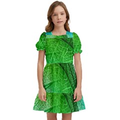 3d Leaves Texture Sheet Blue Green Kids  Puff Sleeved Dress by Cemarart