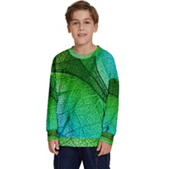 3d Leaves Texture Sheet Blue Green Kids  Crewneck Sweatshirt